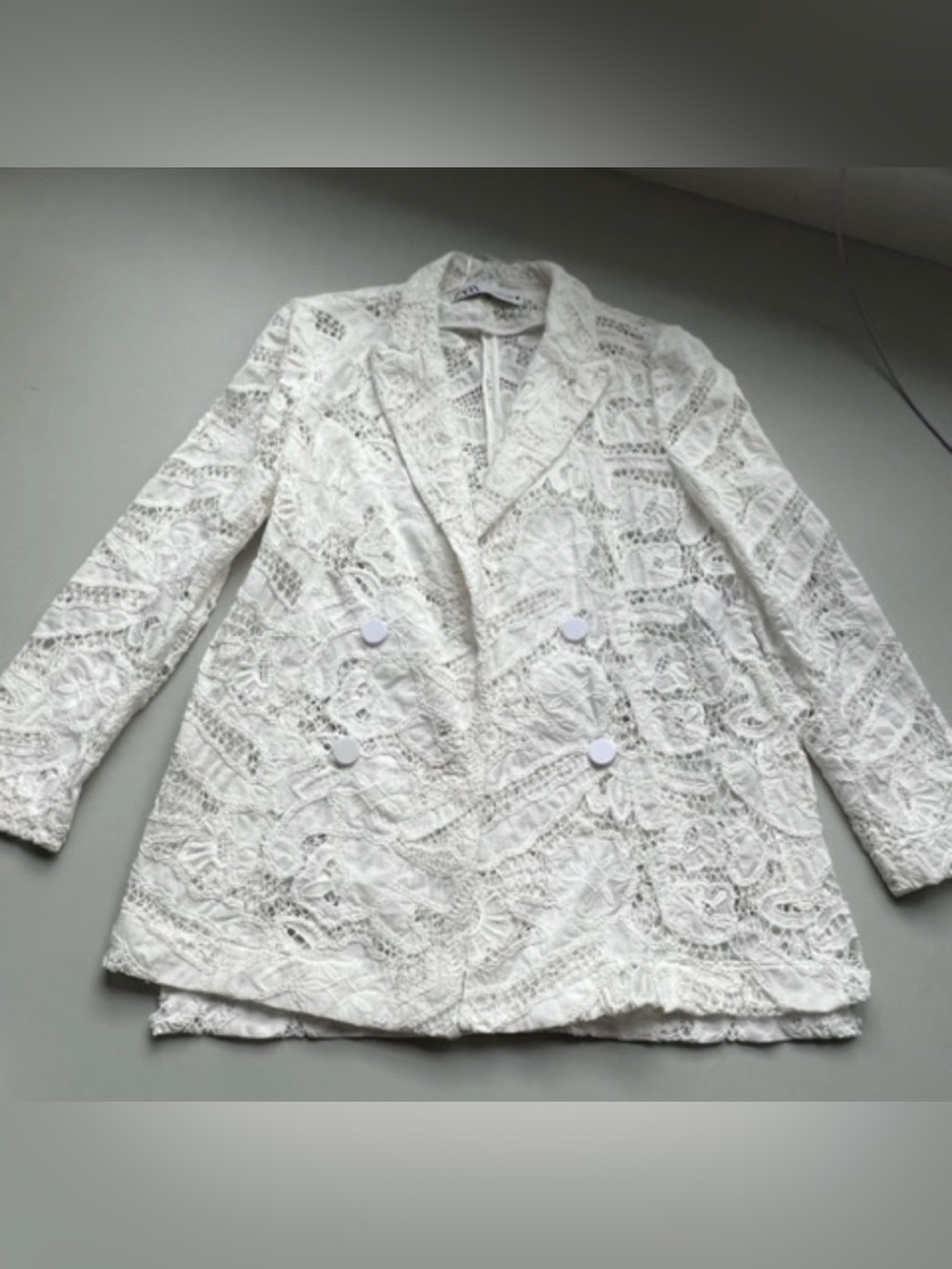 Zara White Lace Double-Breasted Blazer Jacket